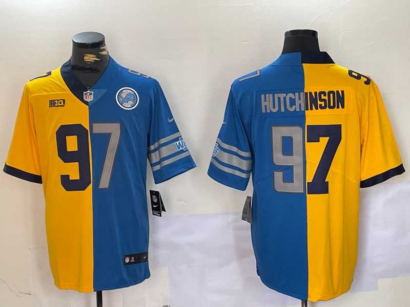 Men%27s Detroit Lions #97 Aidan Hutchinson Yellow Blue Split Vapor Limited Stitched Jersey Dzhi->detroit lions->NFL Jersey